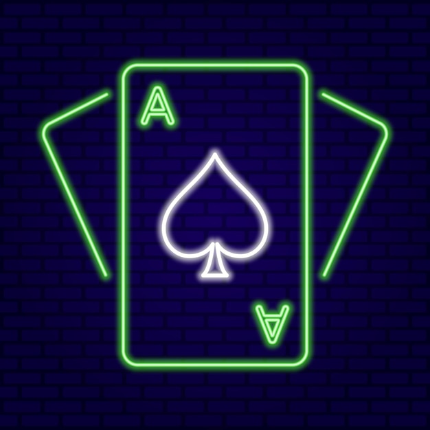 Green and white neon ace of spades card suit on dark blue wall background poker and casiso vector i