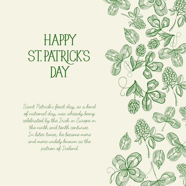 Cartolina d'auguri di design decorativo originale verde e bianco doodle disegnato a mano con scritte su st. patricks day con ramoscelli di luppolo e bacche illustrazione vettoriale