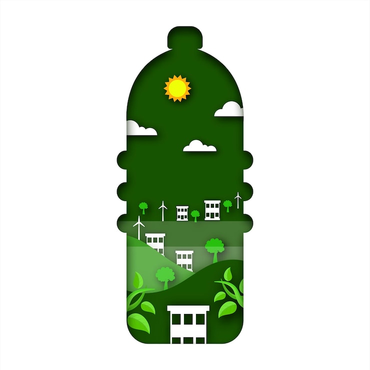 Vector green and white paper cut bottle shape background with buildings windmills trees clouds and sunshine
