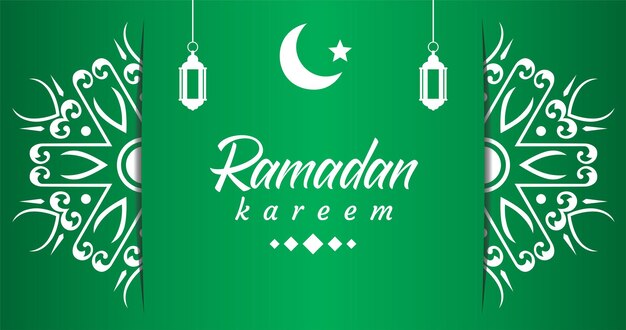 Green and white poster with a green background and the words ramadan kareem.