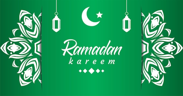 Vector green and white poster with the words ramadan kareem on it.