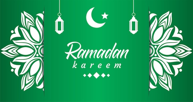 Vector green and white poster with the words ramadan kareem on it.