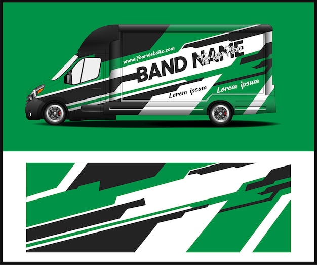 A green and white van that says band name on it