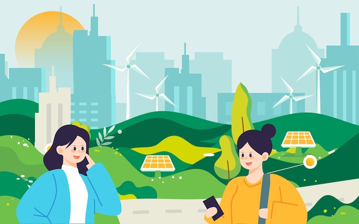Vector 배경 환경 친화적 인 생활 벡터에서 풍차와 도시와 녹색 풍력 발전