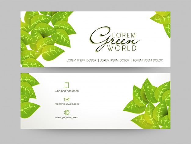  Green World website headers or banners set with fresh leaves, Ecology concept. 