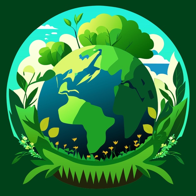 Vector green world with the image of the globe growing trees with roots symbolizing care for nature