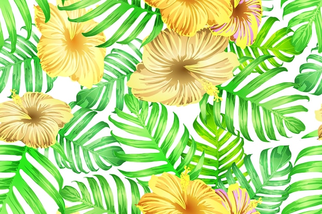 Vector green yellow exotic pattern. monstera leaves and hibiscus flowers in summer print.  hawaiian t-shirt and swimwear tile.  horizontal romantic wild vector exotic tile. hypernatural botanic design.