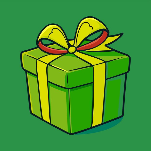 a green and yellow gift box with a red ribbon on it
