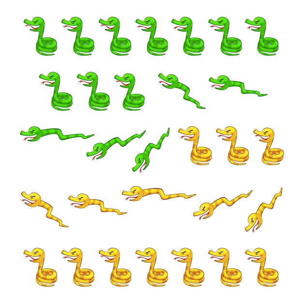 Vector green and yellow snakes game sprites