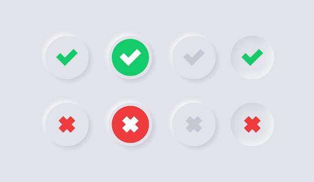 녹색 예 및 빨간색 체크 표시 버튼 없음 또는 흰색 뉴모피즘 원의 승인 및 거부 아이콘