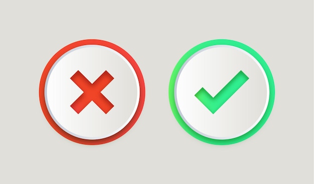 Green yes and red no checkmark buttons or approved and reject icons in round circle