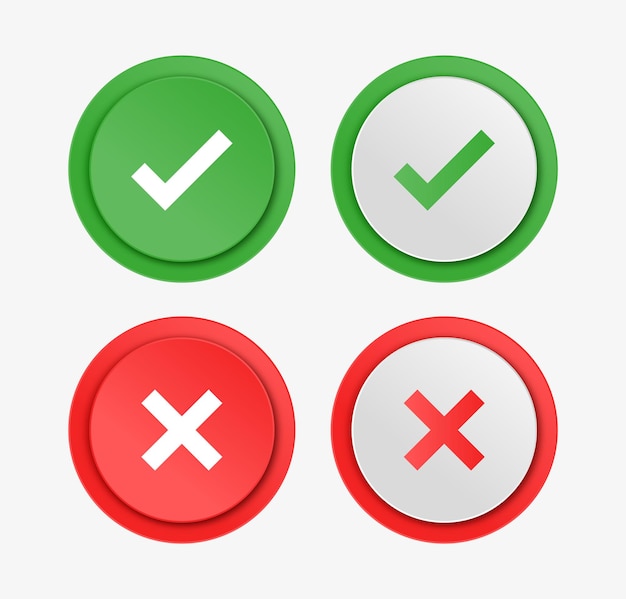 Green yes and red no checkmark buttons or approved and reject icons in square round corner