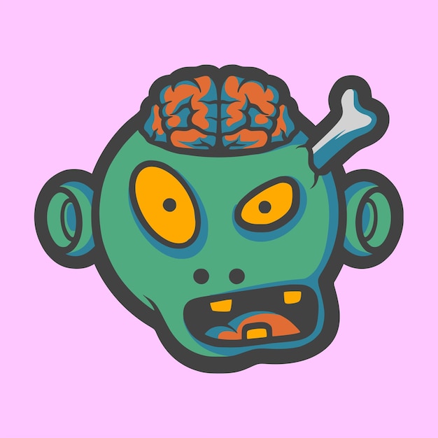 A green zombie head with a brain in it