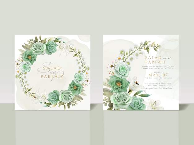 緑の花の結婚式の招待カードのテンプレート
