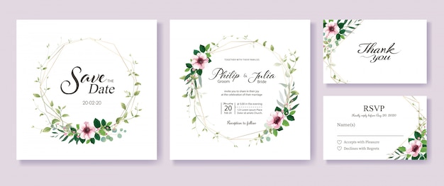 Greenery and floral wedding invitation template.