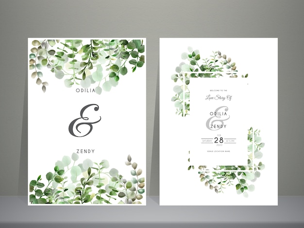greenery hand drawn eucalyptus leaves wedding invitation template