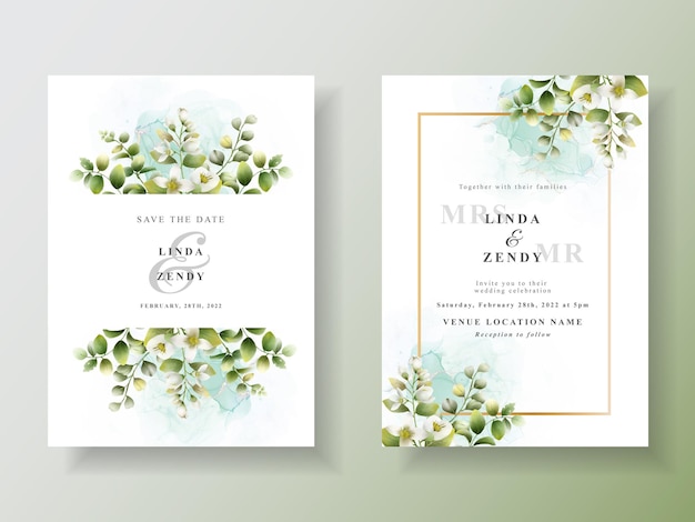 Greenery hand drawn leaves wedding invitation template