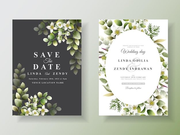 Greenery hand drawn leaves wedding invitation template