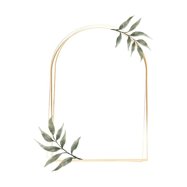 Акварель листьев зелени с геометрической роскошной золотой рамкой на белом фоне естественная граница для свадебного приглашения и векторная иллюстрация карты