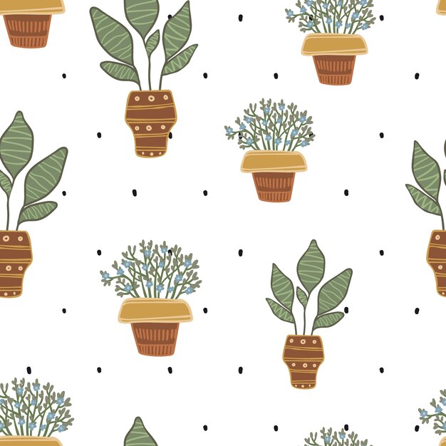 Vector greenery in pots seamless pattern