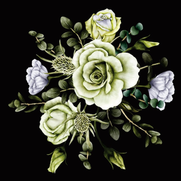 초록색 장미 꽃 부켓 수채화
