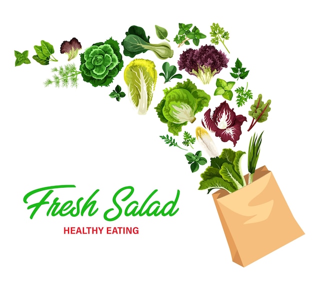 Greenery salads and greens in vector shopping bag