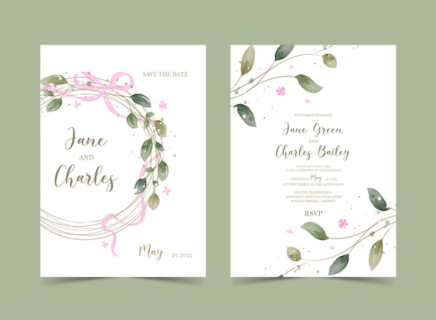 Greenery watercolor floral wedding invitation, template card design in rustic style
