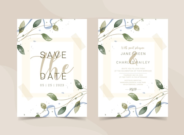 Greenery Watercolor Floral wedding invitation, template card design in rustic style