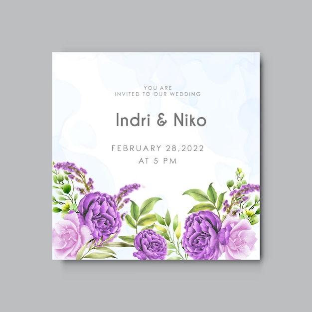 Greenery watercolor leaves and beautiful flower wedding invitation cards template