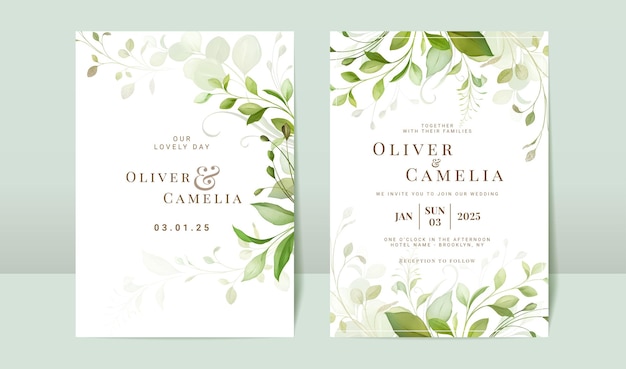 Greenery watercolor leaves wedding invitation card template set