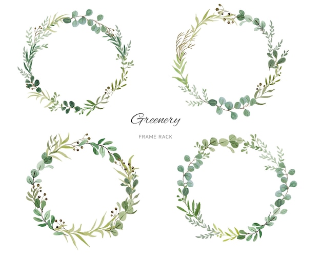 Vector greenery watercolor painting with a mixture of bouquets and wreaths