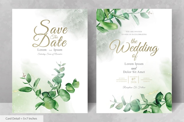 Greenery Watercolor Wedding Invitation Card Template with Hand Drawn Eucalyptus Leaves