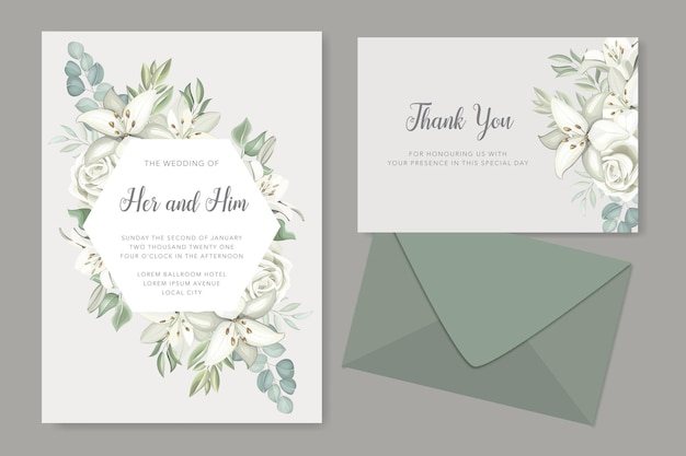 Greenery wedding invitation card set template with hand drawn lilies