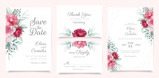 Greenery wedding invitation card template set with floral decoration