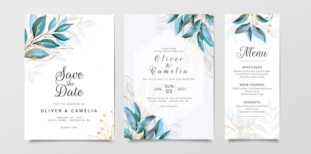 Greenery wedding invitation card template set with watercolor leaves and gold glitter