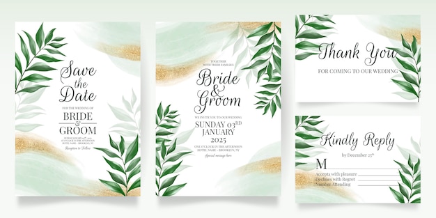 Modello di carta di invito matrimonio verde con foglie di acquerello glitter oro