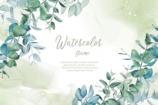 greenery wedding invitation design template with hand drawn eucalyptus and alcohol ink background