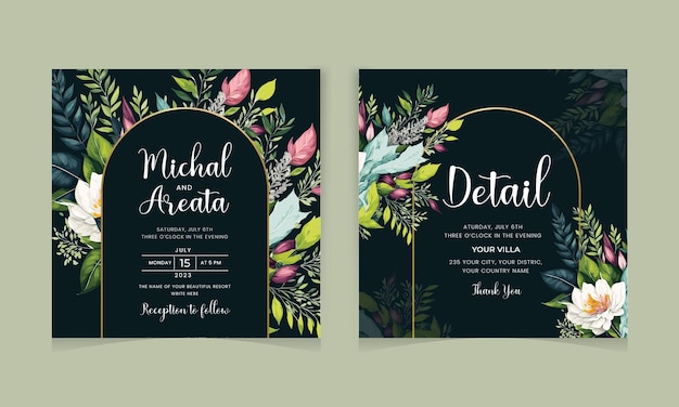 Vector greenery wedding invitation design with floral and watercolor background