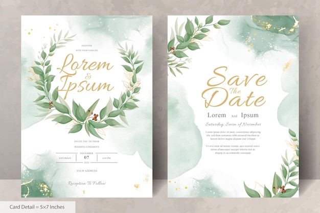 Greenery Wedding Invitation Design with Floral Wreath and Watercolor