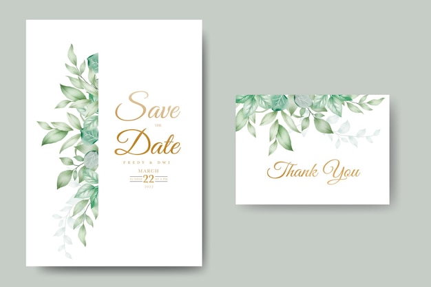 greenery wedding invitation template set with leaves watercolor