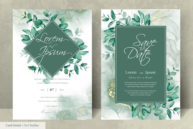 Greenery wedding invitation template with hand drawn eucalyptus