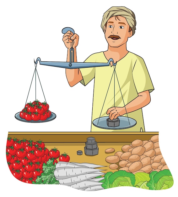 A greengrocer measuring tomatoes using a measuring scale with different vegetables placed