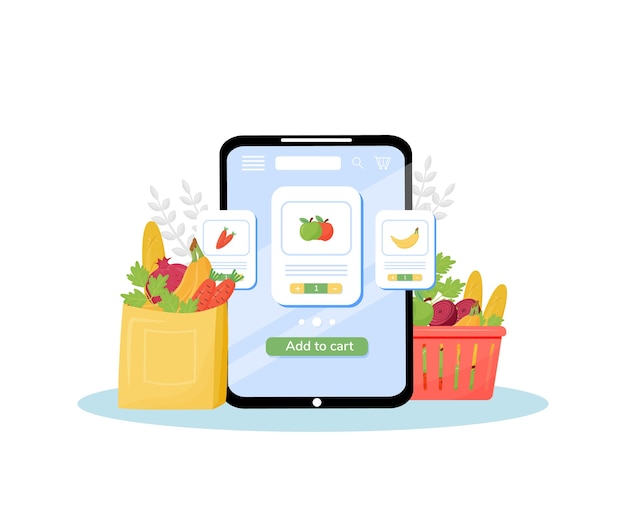 Vector greengrocery online ordering flat concept illustration. vegetables and fruits store, fresh organic produce delivery service. internet grocery mobile application creative idea