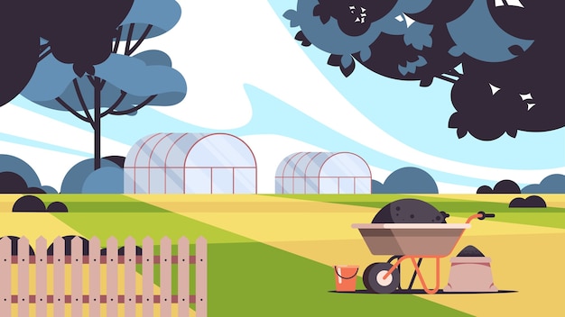温室の建物有機エコ農業農業の概念農村農地田園風景水平ベクトル図
