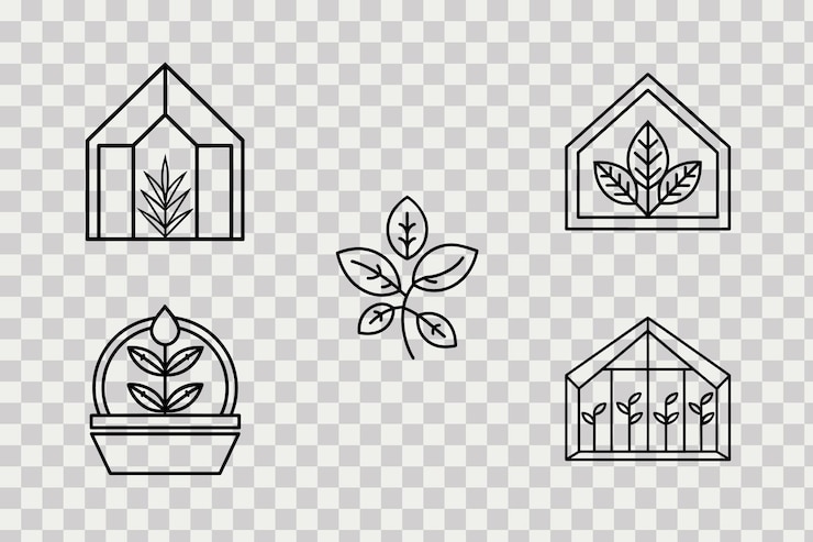 Vector greenhouse and plant line art icons set minimalist botanical vector illustration