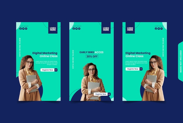 Vector greenish blue modern online course story template pack