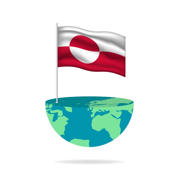 Greenland flag pole on globe. Flag waving around the world. Easy editing and vector in groups.