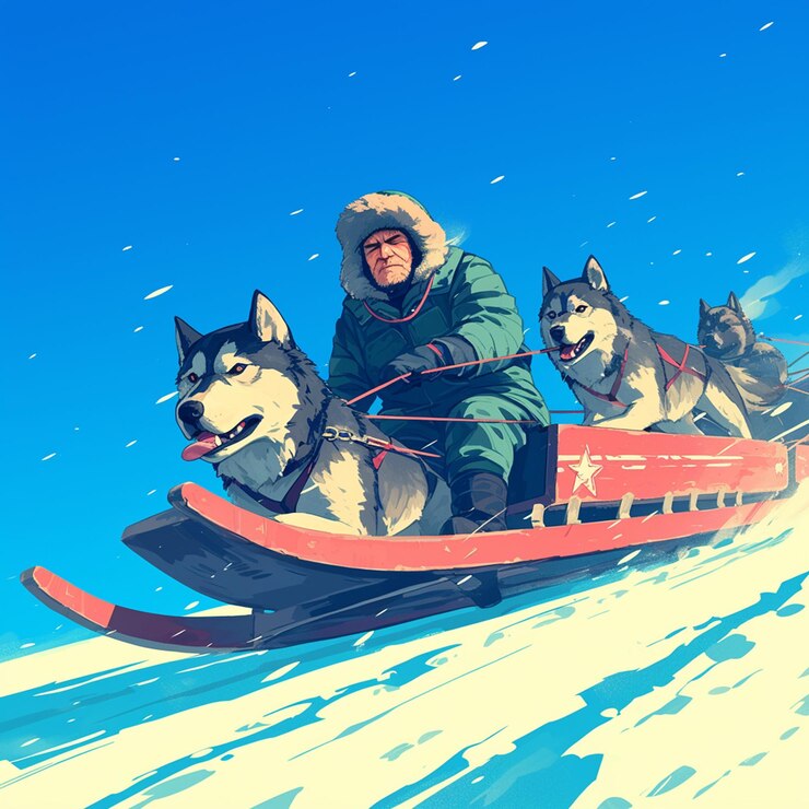 Vector a greenlandic man is dog sledding