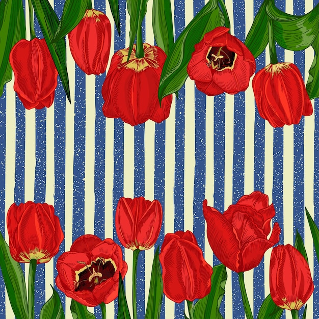 Greeting background with spring flower tulips bouquet in red\
and green colors horizontal seamless pattern