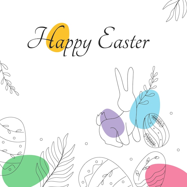 Greeting banner rabbit and Easter eggs Doodle illustration Isolated on white background